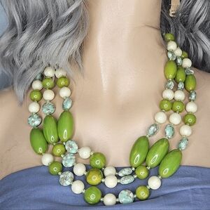 Vintage Green,Cream & Blue Multi-Strand Bead Necklace with Bird Toggle 19"